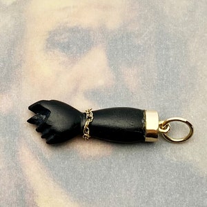 Vintage 14K Gold Figa Pendant: Black Bakelite Fist Talisman, 1950s