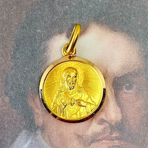 18k Gold Vintage Religious Medal, Jesus and Mary Medal Pendant, 18 ct Gold, Continental Religious Medal, Catholic, Stamped 18k, Italy
