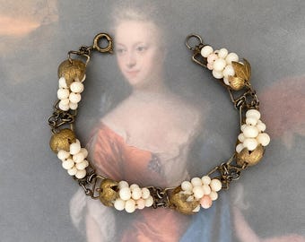 Antique Italian Coral Grape Bracelet, Art Deco 800 Silver Vermeil, Naturalistic Cluster Jewelry