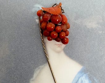 Antique Mediterranean Coral Grapes Stick Pin | Victorian Tie Pin Red Orange Coral Jewellery