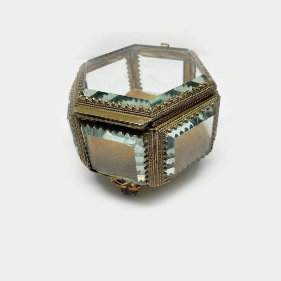 Antique French Gilt Metal jewellery Box, Hexagon Beve… Gem
