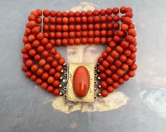 Vintage 14k Gold Coral Bracelet, 4-strand red  Natural Mediterranean Coral  beads  Italian Jewelry