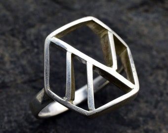 Sterling Silver Geometric Ring - Hexagon Pattern Silver Ring - Contemporary Ring - Unique Gift