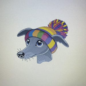 May include: A grey cartoon dog wearing a colourful striped hat with a pom-pom on top.