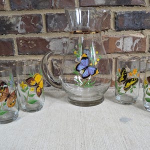 Elegant West Virginia Glass Ice Lip Pitcher and Tumbler Set Butterfly Pattern Gold Rim Vintage Glassware