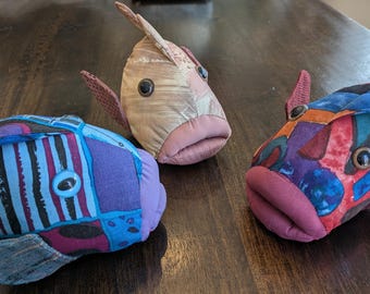 Retro Handmade Plush Fish in Geometric Fabric Set of 3 Gently Used Condition