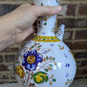 Vintage Talavera Spain Ceramic Porron Pitcher Blue and Yellow Floral Pattern Hand Painted