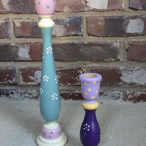 Hand painted whimsical candle stick holders cottage shabby chic 11&quot; & 6&quot;