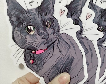 Cute black cat sticker, "got bitches?", large, die cut