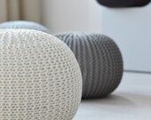 Knitted white grey color pouf STUFFED nursery room decor handmade floor cushion bean bag hassock chair footstool