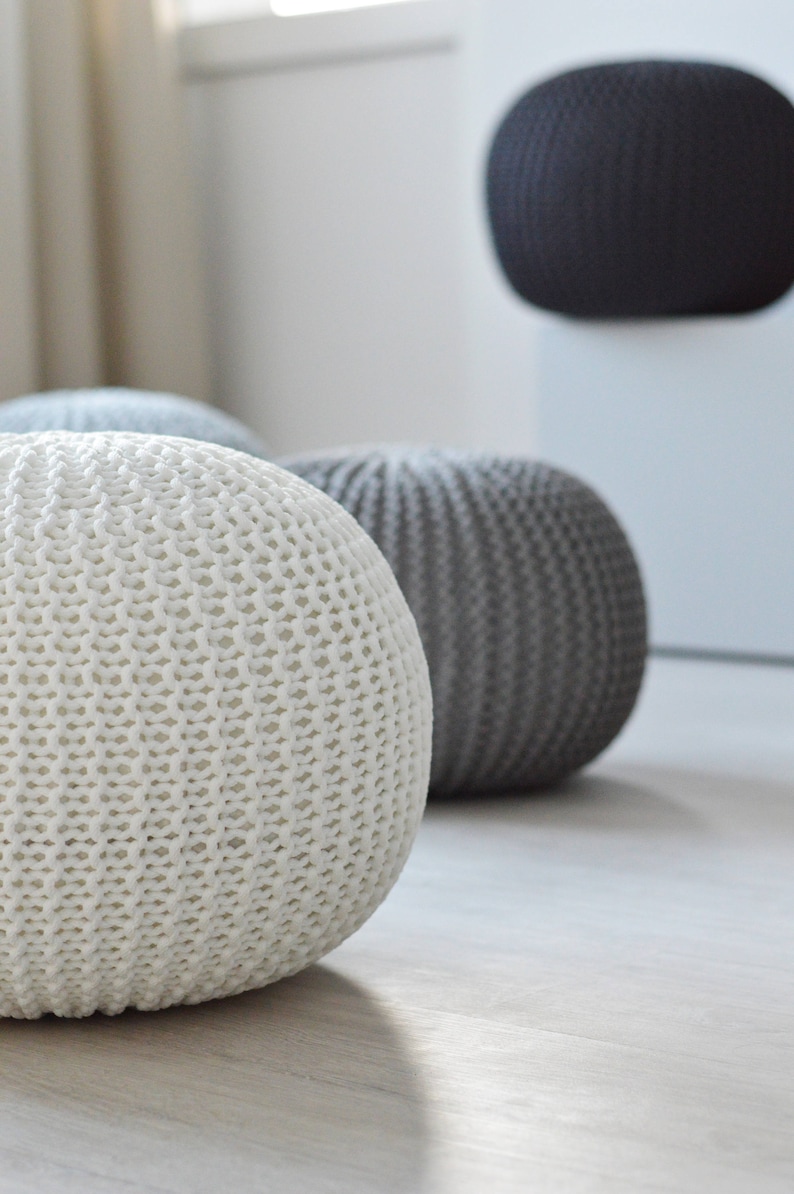 Knitted white / grey color pouf / STUFFED / nursery room decor image 0
