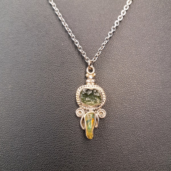 Cosmic Harmony: Moldavite and Opal Pendant on 16-Inch Sterling Silver Necklace