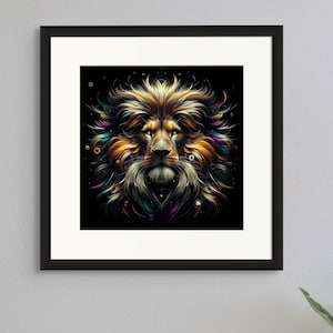 Lion Head Portrait, Colorful Mane, Animal King, AI Generated Digital Art Print, Printable Wall Art for Home Decor