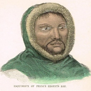 May include: A vintage color illustration featuring two portraits. The top portrait is labeled HYPERBOREANS OR FINNS and ESQUIMAUX OF PRINCE REGENT'S BAY, showing a person in a green fur-lined hood. The bottom portrait is labeled ESQUIMAUX WOMAN, JACOB'S-BIGHT.