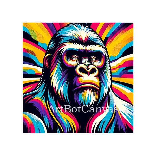 Gorilla Psychedelic Retro 1970s Inspired Portrait JPG PNG Instant Download Printable Illustration Arts & Crafts Clipart Print Poster