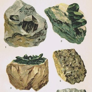 May include: A vintage scientific illustration titled SILICATES (Pyroxene group) Plate 27, featuring six numbered mineral specimens: Augite, Diopside, Bronzite, Hypersthene, and Wollastonite, depicted in shades of green, brown, gray, and white.