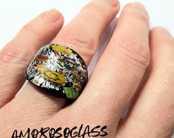 Anello Murrina argento, in vetro di Murano lavorato a lume.