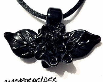 GOTHIC ROSE - black rose with small leaves on the sides, in lampwork Murano glass.