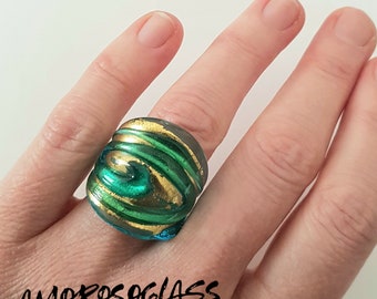 Anello VORTICE a fascia, base acquamare trasparente con foglia oro24kt e vortice acquamare trasparente,in vetro di Murano lavorato a lume.