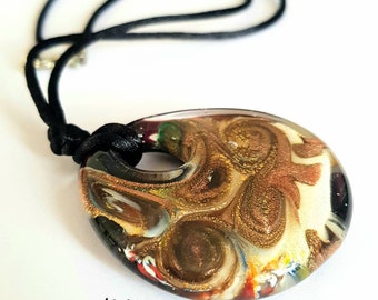 Lampworked Murano glass pendant with 24Kt gold leaf and aventurine.