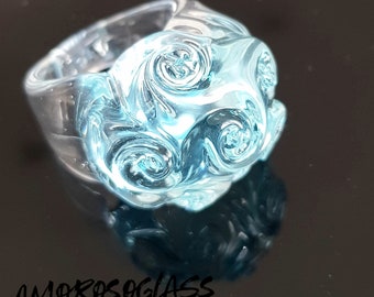 BOUQUET ring in very light aquamarine and crystal, in lampworked Murano glass.