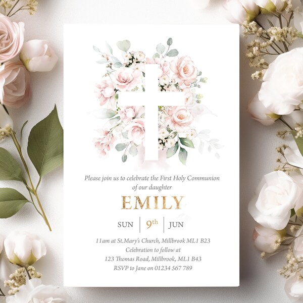 First Holy Communion Invitations Personalised Pretty Pink Floral Cross Design - Girls - UK PRINTED