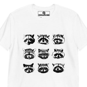 Nine Naughty Raccoon Faces T-Shirt, Unisex Crew Neck Tshirt, Raccoon Shirt, Unique Raccoon Gift, Funny Raccoon Shirt, Gift for Raccoon Lover