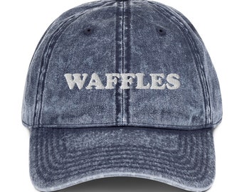 Waffles Vintage Dad Hat, Funny Food Hat, Waffles Hat, Unique Dad Hat, Embroidered Washed Out Style Waffle Lover Denim Dad Hat for Foodie