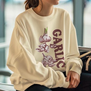 Sudadera con cuello redondo unisex con diseño de ajo divertido, sudadera con diseño único de ajo dibujado a mano, sudadera para amantes de la comida para los entusiastas del ajo