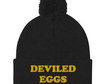Deviled Eggs Pom-Pom Beanie / Funny Hat / Weird Beanie / Funny Gift Idea / Unique Hat for Foodies / Deviled Egg Hat / Funky Winter Hat