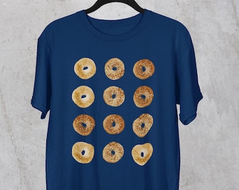 12 Bagels T-Shirt, Original Hand Drawn Bagel Design by Nina, Unisex Crewneck Bagel Shirt, Funny Everything Bagel Shirt, Bagel Lover T-shirt