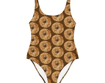 エブリシングベーグルズワンピース水着、ベーグルデザインの快適な水着、彼女へのユニークなグルメギフト、面白いマッチング水着ギフト