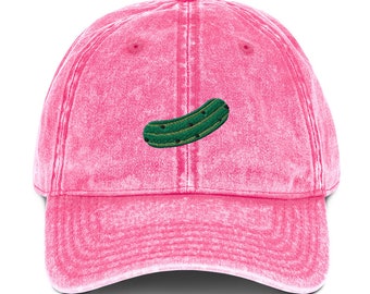 Pickle Vintage Dad Hat, Unisex Vintage Style Hat With Embroidered Pickle Design On Pink Hat For Foodie Funny Pickle Hat For Pickle Lover