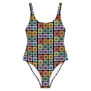 May include: A black one-piece swimsuit with a colorful pattern of raccoon faces in squares. The squares are in shades of pink, blue, yellow, green, and orange.