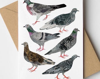 Pigeons Greetings Card, City Birds Illustration Print