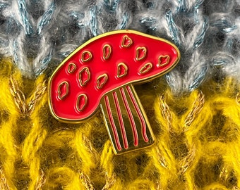 Red Mushroom Enamel Pin, Gold Toadstool Badge