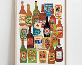 Asian Beer Bottles Print, Japanese Kitchen Wall Art
