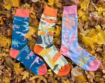 Socks gift set, Dinosaur socks, Corals, Mushrooms, unisex socks, mens and women socks, colourful cute socks, fun socks, valentines gift