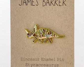 Dinosaur Enamel Pin Styracosaurus, Dinosaur pin badges, Triceratops, Quirky fun Hat Pin, Enamel Badge, Gift, Lapel Pin, Dino Brooch