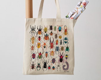 Bugs Tote Bag, long handle fair trade canvas bag, insects, shoulder bag, shopper, bug print