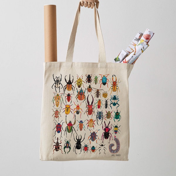 Bugs Tote Bag, long handle fair trade canvas bag, insects, shoulder bag, shopper, bug print