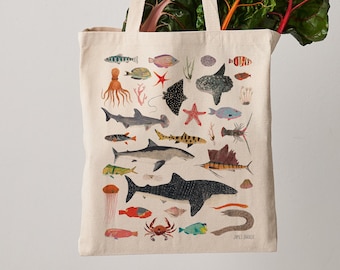 Sea Life Tote Bag, Canvas Tote Bag, Fair Trade, Shark Print, Fish, Aquatic Life, Weekender Bag, Shoulder Bag, Canvas Bag, Tote Bags