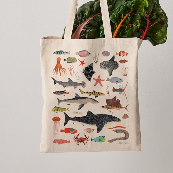 Sea Life Tote Bag, Canvas Tote Bag, Fair Trade, Shark Print, Fish, Aquatic Life, Weekender Bag, Shoulder Bag, Canvas Bag, Tote Bags