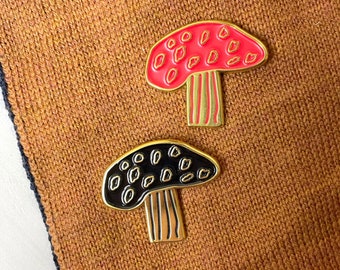 Enchanting Mushroom Enamel Pin - Red or Black with Imitation Gold Accents