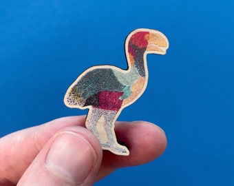 Gastornis Pin Badge: Extinct 'Terror Bird' on Maple Wood