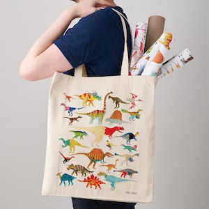 Dinosaurs Canvas Tote Bag, Long Handles Dinosaur Fair Trade Canvas Bag,