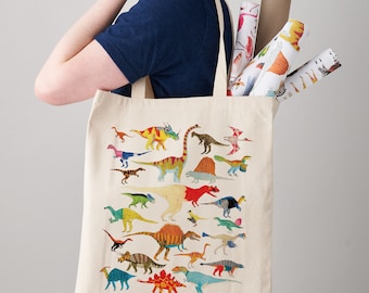 Dinosaurs Canvas Tote Bag, Long Handles Dinosaur Fair Trade Canvas Bag,