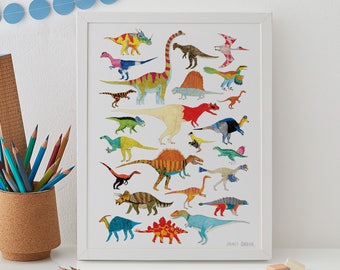 Dinosaur Print, Dinosaurs Wall Art, Dinosaur print, kids decor, giclee print, dinosaur present, baby nursery decor, dinosaur wall art, A4 A3