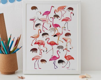 Flamingos Wall Art, Pink Flamingo print, Hedgehog Print, Alice in Wonderland Giclee Print, Gift for her, alice print, alice, flamingo decor