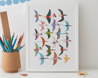 May include: A white framed print with a colorful illustration of 25 flying birds. The birds are drawn in a whimsical style with various colors, patterns, and shapes.